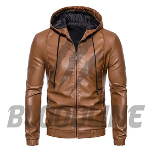 Chaqueta de Moto con Capucha de Cuero PU Negro para Hombre, Corte Ajustado, Cierre de Cremallera, Manga Larga, Color Sólido, para Otoño - Product Image 5