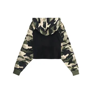 <b>Women</b> Cropped Hooded Sweatshirt Camo Sleeve <b>Black</b> Body Design Full Sleeve Knitted Autumn Style - Product Image 4