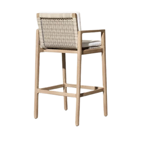 Modern Coastal Solid Teak Bar Chair Natural Rattan Back Premium Upholstered <b>Seat</b> Comfortable Luxury Counter <b>Stool</b> Design - Product Image 3