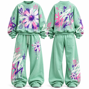Conjunto de Sudadera y Pantalones Anchos con Estampado Floral y Pedrería para Mujer, Ropa Deportiva de Invierno, Estilo Urbano, Dos Piezas - Product Image 2