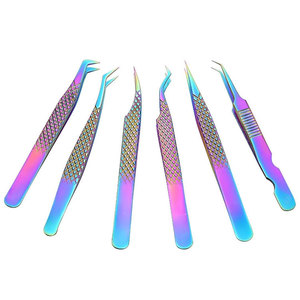 Ensemble de pinces à extensions de cils en acier inoxydable, 6 pièces, revêtement titane arc-en-ciel, avec étui de transport, pour extensions de cils professionnelles - Product Image 1