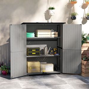 Casetta da Giardino per Esterni Facile da Montare, Grigia, con Porte Lucchettabili, Piedini Regolabili, 2 Ripiani, Tetto in Asfalto, Materiale Legno, Prodotto in PP - Product Image 2
