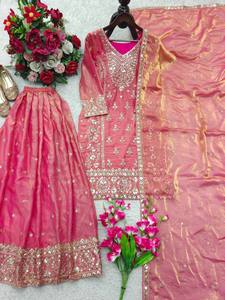 Women Traditional Pink Silk Salwar Kameez With Embroidered Dupatta Floor-Length <b>Wedding</b> Wear India Pakistan Style - Product Image 4