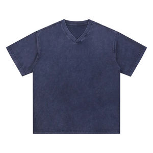 Camiseta de hombre de algodón puro con cuello en V, estilo retro, de punto, oversize, teñida con cera, lavada, vintage, de manga corta, con efecto snow wash y personalidad. - Product Image 5