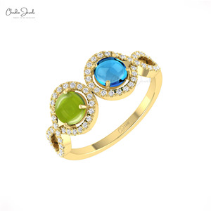 Anillo de Doble Halo con Peridoto y Topacio Azul Suizo de 5mm en Oro Fino de 14k, Anillo de Aniversario de Bodas con Diamantes, en Tendencia - Product Image 5