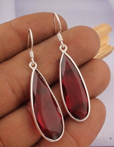 925 <b>Sterling</b> <b>Silver</b> Water Drop Red Garnet Quartz Drop Earrings Faceted Long Teardrop Gemstone <b>Wire</b> Dangle Engagement Vintage - Product Image 1