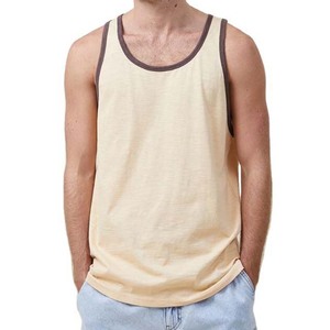 <b>Men's</b> Solid Color Knitted Tank Top O Neck Casual Sleeveless <b>Vest</b> 100% Cotton Brown with <b>White</b> Trim - Product Image 2