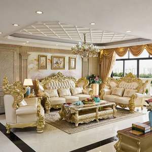 Juego de Sofá Cama de Lujo Clásico Real de Madera de Caoba Tallada con Esponja, Acabado Crema Dorado, Estilo Francés, Muebles para Sala de Estar Emma - Product Image 1