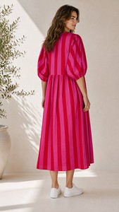 Stripe Print <b>Boho</b> Midi <b>Dress</b> Women Cotton Puff Sleeve Casual <b>Summer</b> <b>Dress</b> Flowy Loose Fit Resort Wear - Product Image 2