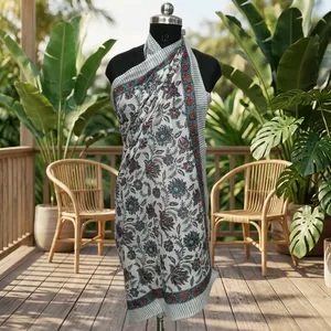 Pareo de algodón estampado a mano con motivos florales, pañuelo de playa, dupatta, ligero, para verano, para mujer, uso diario informal. - Product Image 6