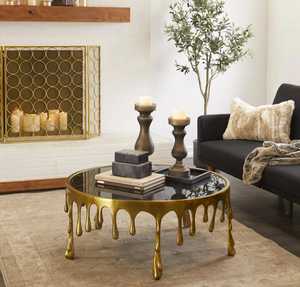 Designer's Modern <b>Round</b> Coffee <b>Table</b> With Brass Drip Base Glass Top Contemporary Living Room Furniture Decorative Metal Design - Product Image 6