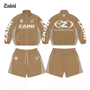 ชุดเซ็ตเสื้อแจ็คเก็ตกันลมผ้าโพลีเอสเตอร์ทัสลอนพรีเมียม 280 GSM สีกากี แต่งแถบสีตัดกัน รับทำโลโก้ตามสั่ง OEM ODM - Product Image 1