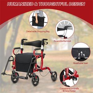 Deambulatore e Sedia a Rotelle 2-in-1 Comodo per Anziani/Allettati, Regolazione Altezza 6 Posizioni (86-99 cm), Ruote in PVC da 8 Pollici, Pieghevole - Product Image 6