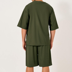 Men's Summer Casual 2-Piece <b>Set</b> Olive Green Cotton T-Shirt Shorts Crew Neck Breathable <b>Knitted</b> Solid Color Workout Wear - Product Image 2