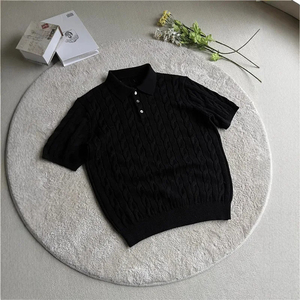 Classic <b>Cable</b> <b>Knit</b> Polo <b>Sweater</b>, Short Sleeve Button Down Casual <b>Knit</b> Top, Spring Summer Comfortable Tee - Product Image 3