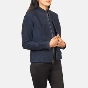 Blouson de motard en cuir de vachette vert Flashback, en daim, coupe-vent, en cuir véritable, avec fermeture éclair tricotée, col ouvert, couleur unie - Product Image 2