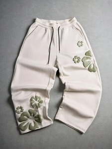 Premium Beige <b>Oversized</b> Wide Leg <b>Jogger</b> Trousers Men Washed Loose Fit Streetwear Pants 3D Floral Applique Elastic Waist - Product Image 5