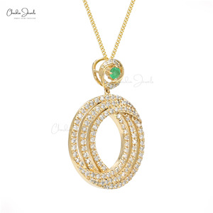 1.70CTW Round Cut White Diamond Statement <b>Pendant</b> 14K <b>Solid</b> <b>Gold</b> Natural Emerald Dangling <b>Pendant</b> Prong Set Jewelry Gift For Her - Product Image 2