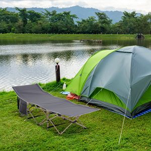 Lit de camping pliable inclinable pour adultes, gris, portable, en fer, pour dormir en extérieur, avec sac de transport et poches latérales pour les voyages et les vacances - Product Image 2