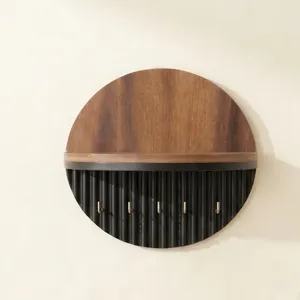 Circular Acacia Wood Resin <b>Wall</b> <b>Shelf</b> Black Ribbed Base Hooks Minimalist Design Hanging Storage Birthday Gift Handmade - Product Image 1