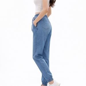 <b>Women's</b> High Waist Denim <b>Jogger</b> Pants <b>Straight</b> Loose Fit Full Length Casual Drawstring With Pockets Solid Color Spring Style - Product Image 3
