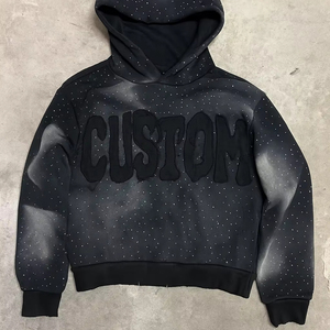 Custom 3D Puff Print Rhinestone Hoodie Heavyweight Cotton <b>Fleece</b> Pullover Streetwear Oversized Winter <b>Jacket</b> For Streetwear - Product Image 2