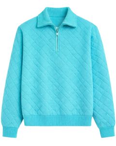 เสื้อสเวตเตอร์ผู้ชายสีเทอร์ควอยซ์แบบควิลท์ คอปกพับได้ ทรงปกติ ผ้าถักสีพื้น ใส่สบายๆ สำหรับฤดูใบไม้ร่วง - Product Image 1