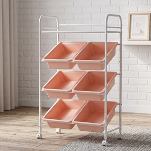 4 Tier Storage Cart with 6 Pink Bins Metal Frame <b>Rolling</b> Organizer for Home Office Use - Product Image 2