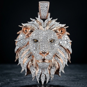 Pendentif Breloque Hip Hop Tête de Lion Rond en Moissanite Sertie de Pierres, Plaqué Or Rose 925, Collier de Luxe Tête d'Animal pour Soirée - Product Image 2