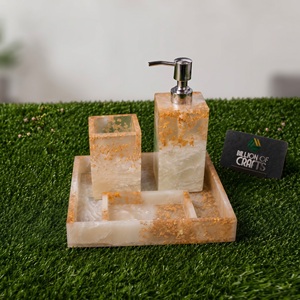 Resin <b>Bathroom</b> Accessories <b>Set</b> Gold Foil Four Piece <b>Soap</b> <b>Dispenser</b> Toothbrush Holder Tray Easy Clean for <b>Bathroom</b> - Product Image 4