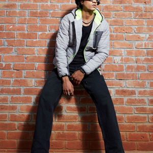 Men's Grey Hooded Puffer Jacket With Neon Green Zipper Windproof Casual Autumn Wear Slim Fit Polyester <b>Wadding</b> Regular Length - Product Image 6