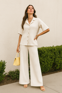 Ensemble coordonné pour femmes de haute qualité, haut à manches courtes en polyester doux, pantalon large, tailles M, L, XL, XXL, fournisseur en gros, Inde, Pakistan. - Product Image 6