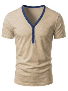 Men's V-Neck Short Sleeve Knitted T-Shirt 100% Cotton Jersey Digital Printed Slim Fit Casual Customizable Blue Summer 200 Grams - Product Image 2