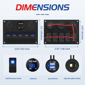 Panel de interruptores basculantes de aluminio de 5 posiciones con toma de corriente y LED azul para autos, camiones, barcos, vehículos recreativos y uso marino. - Product Image 2