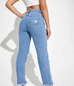 Jean déchiré taille haute coupe droite pour femme, en denim, coupe skinny, longueur intégrale, délavage vieilli, style décontracté printemps - Product Image 3