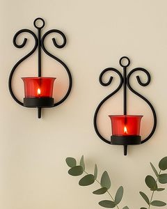 Elegant Black Metal Wall Mounted Tealight Candle Holder Set with Red Glass Votive Cups Decorative Iron Wall <b>Sconce</b> for Living - Product Image 4