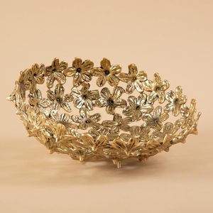 Gold Toned Brass Basket with Floral Design Handcrafted Metallic Centerpiece Bowl - Product Image 4