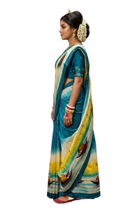 Sari traditionnel indien, pakistanais, bangladais pour femmes, en soie pure de Bishnupuri, imprimé à la main - Product Image 3