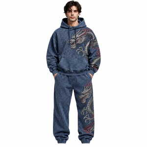 Ensemble de survêtement pour homme avec sweat à capuche graphique bleu délavé, en coton épais, style streetwear, vêtements personnalisés à marque privée - Product Image 1