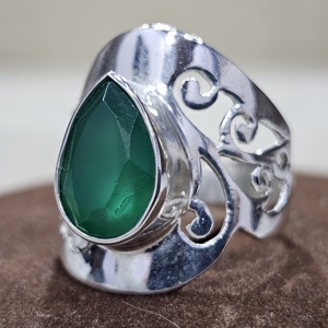 Anillo Vintage de Plata de Ley 925, forma de lágrima de excelente calidad, piedra preciosa de ónix verde, diseñador hecho a mano, Eternity Vermeil - Product Image 2