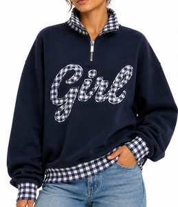 <b>Women's</b> Navy Blue <b>Half</b>-<b>Zip</b> <b>Sweatshirt</b> with Plaid Collar and Cuffs Embroidered 'Girl' Design ODM Front Logo Casual Autumn Wear - Product Image 5