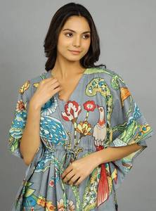 Vestido Kaftán de Algodón Hecho a Mano en India, Ligero, Estilo Kimono, para Playa - Product Image 3