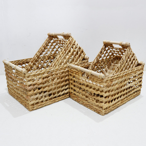 Handmade Natural Water Hyacinth Woven Storage <b>Basket</b> Set with Wooden Handles <b>for</b> <b>Shelf</b> Home Decor - Product Image 2
