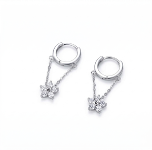 Elegant Flower Design Hoop Dangle <b>Drop</b> Chain Earrings Lab Grown Diamond 14K 18K White Solid Gold Fine Hoop Dangle <b>Drop</b> Earrings - Product Image 4