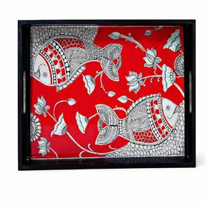 Ensemble de plateaux de service en bois faits à la main avec un design sculpté, plateaux rectangulaires décoratifs avec poignées - Product Image 4