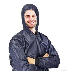 Paquete de 5 chaquetas de laboratorio médico dental desechables azul oscuro 55 GSM polipropileno hasta la cadera con puños de punto cremallera ropa de trabajo capucha - Product Image 1