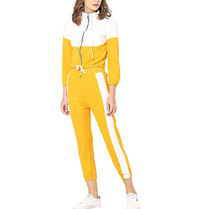 Survêtement à capuche pour femme, jaune et blanc, à blocs de couleur, manches longues, cordon de serrage, décontracté, sportswear, pantalon longueur cheville, printemps - Product Image 1