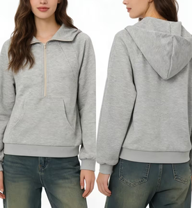 Women's Gray Hooded Zip-Up Sweatshirt with Front Pocket Casual Solid Knitted Pullover Winter Wear Eco-Friendly Polyester/Cotton - Product Image 1