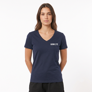 T-shirt en coton bleu marine à col en V pour femme, manches courtes, avec logo imprimé, style décontracté, vente en gros - Product Image 4