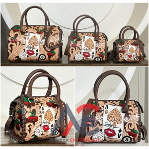 Handmade Western Tooled Leather Speedy Duffel Bag Medium Size Cherry Poker <b>Dice</b> with Aces Cowgirl Purse Vintage Travel Handbag - Product Image 1